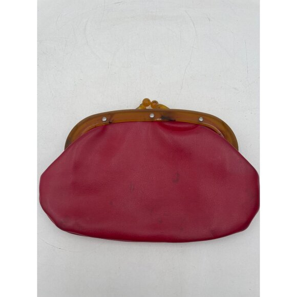 Vintage Red Leather Kiss Lock Clutch Purse Lucite Amber Frame & Black Lining - Picture 5 of 5